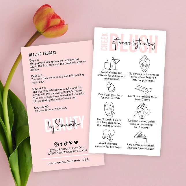 Carte De Visite Cheek Blush Afcare Artiste PMU rose féminin (Fully editable, elegant pink Cheek Blush after care cards for PMU artists)