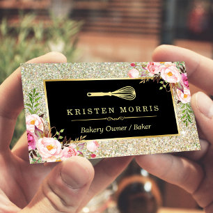 Carte De Visite Chef boulangerie Whisk Logo Floral Gold Parties sc