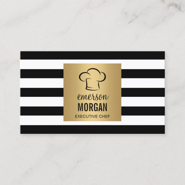 Carte De Visite Chef Casquette Gold Carré noir blanc rayures (Devant)