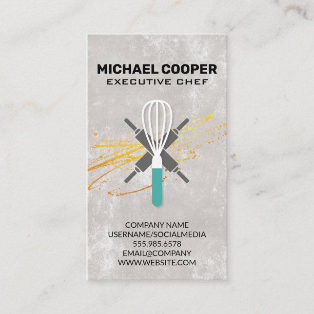 Carte De Visite Chef exécutif | Épingles à rouleaux et Whisk (Devant)