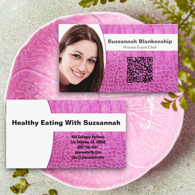 Carte De Visite Chef Pink Leather Texture personnalisée Photo QR C (front and back business card)