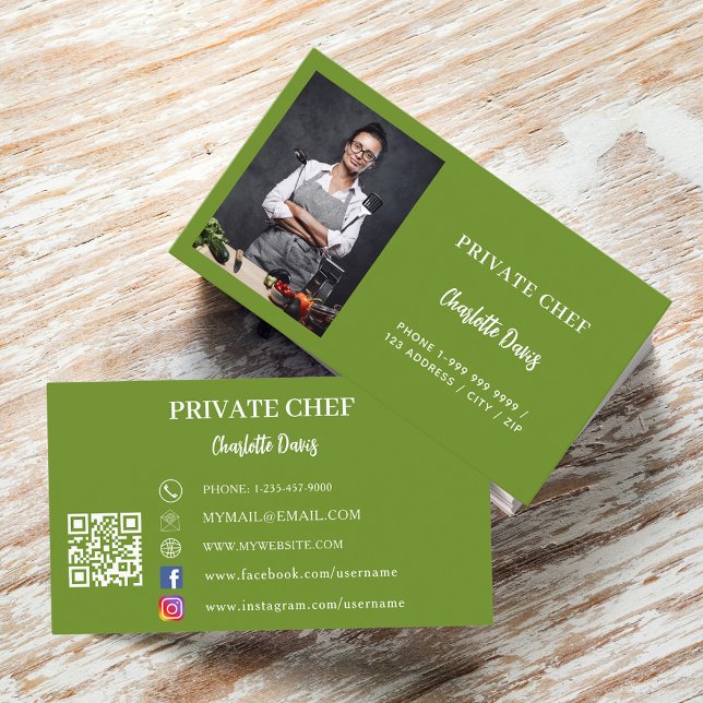 Carte De Visite Chef privé basil vert photo restauration code QR (Créateur téléchargé)