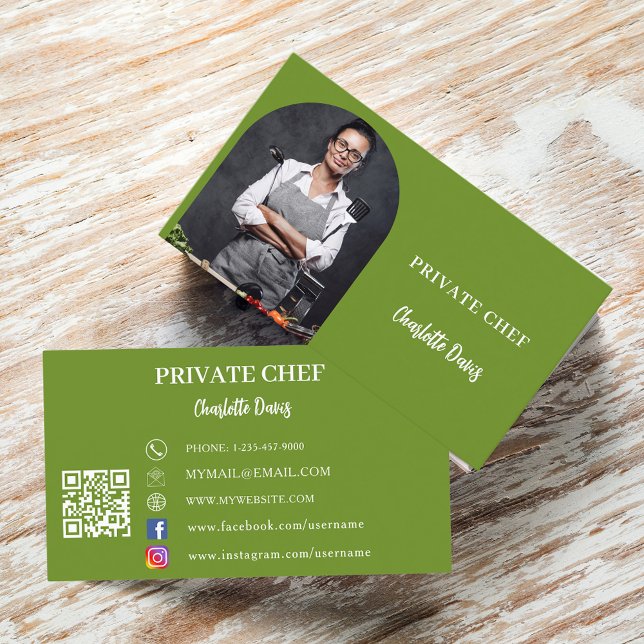 Carte De Visite Chef privé basilic arche photo verte code QR (Créateur téléchargé)