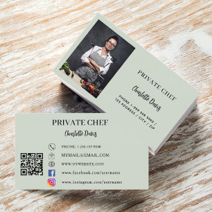 Carte De Visite Chef privé sauge vert photo traiteur code QR