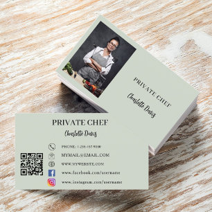 Carte De Visite Chef privé sauge vert photo traiteur code QR