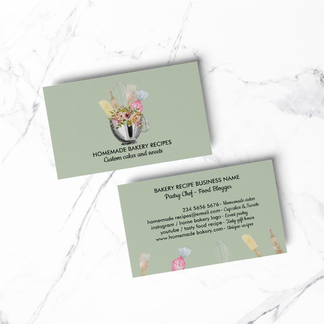 Carte De Visite Chef Vert clair Aquarelle Cuisine Ustensiles Boula (Light Green Chef Watercolor Baking Utensils Bakery Business Card)