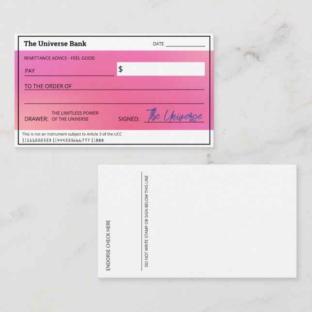 Carte De Visite Chèque en blanc Aura Rose Loi de l'Attraction Abon (Devant / Derrière)