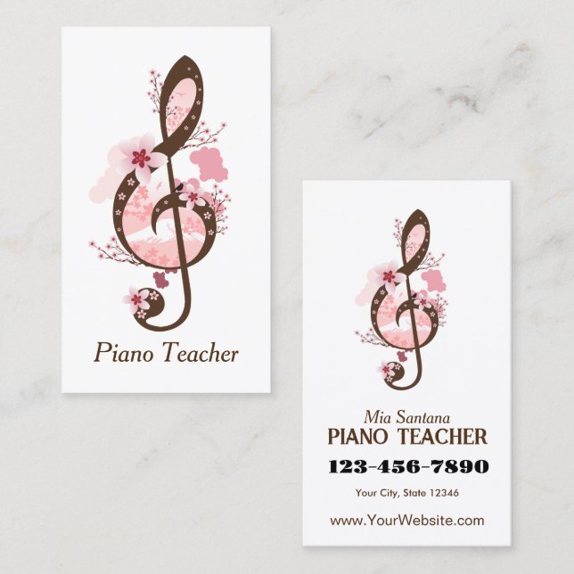 Carte De Visite Cherry Blossom Music Piano Enseignant (Devant / Derrière)