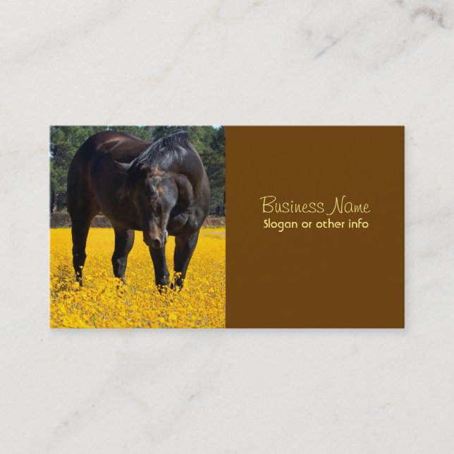 Carte De Visite Cheval de baie dans un champ de fleurs jaunes (Devant)