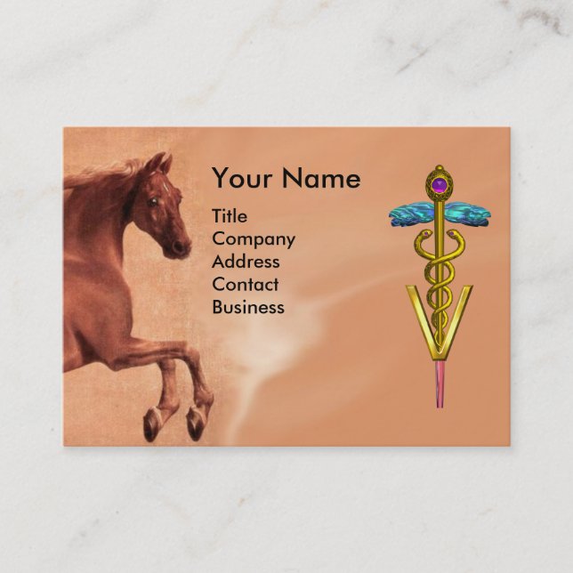 CARTE DE VISITE CHEVAL ROUGE ET SYMBOLE VÉTÉRINAIRE DE CADUCE OR (Devant)