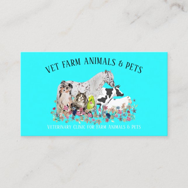 Carte De Visite Cheval turquoise Vache mouton Chien Chat Oiseau vé (Devant)