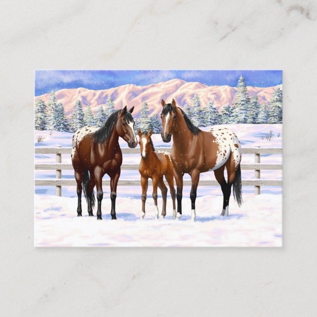 Carte De Visite Chevaux Appaloosa De Baie Brown En Neige (Devant)