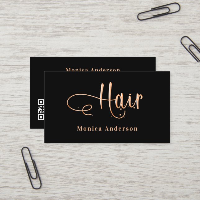 Carte De Visite Cheveux noir rose or élégant code QR (Devant/Arrière en situation)