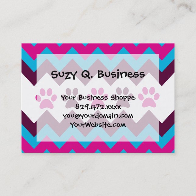 Carte De Visite Chevron Pink Turquoise Chiot Empreintes de pattes  (Devant)