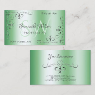 Carte De Visite Chic Argent Coins Ornés Initiales Vert Lumineux