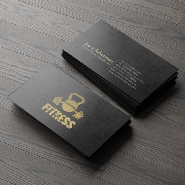 Carte De Visite Chic Black Gold Fitness Trainer Kettlebell Barbell (Créateur téléchargé)