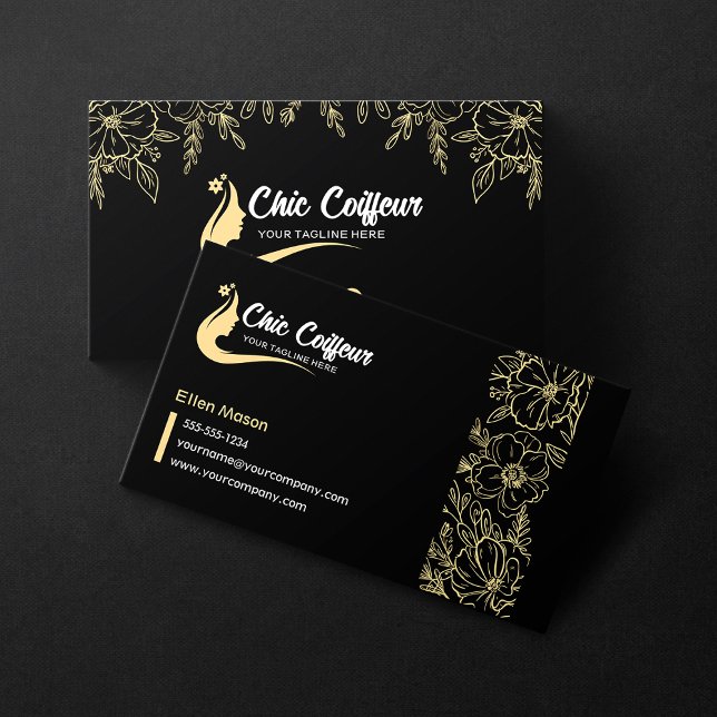 Carte De Visite Chic Black Gold Floral coiffeur salon de beauté (Créateur téléchargé)