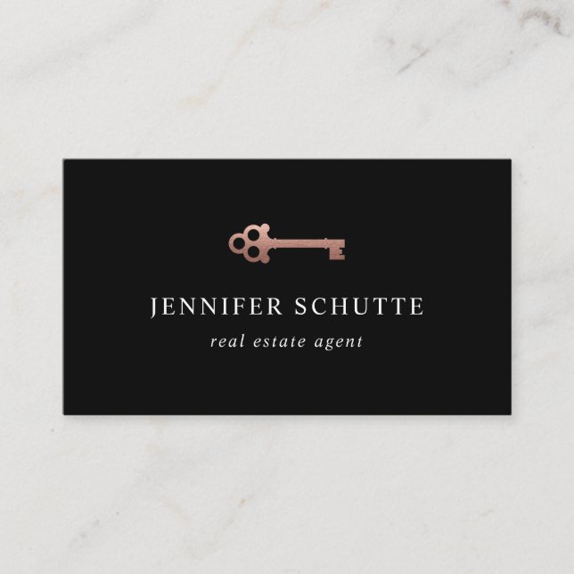 Carte De Visite Chic Black & Rose Gold Key Immobilier de luxe (Devant)