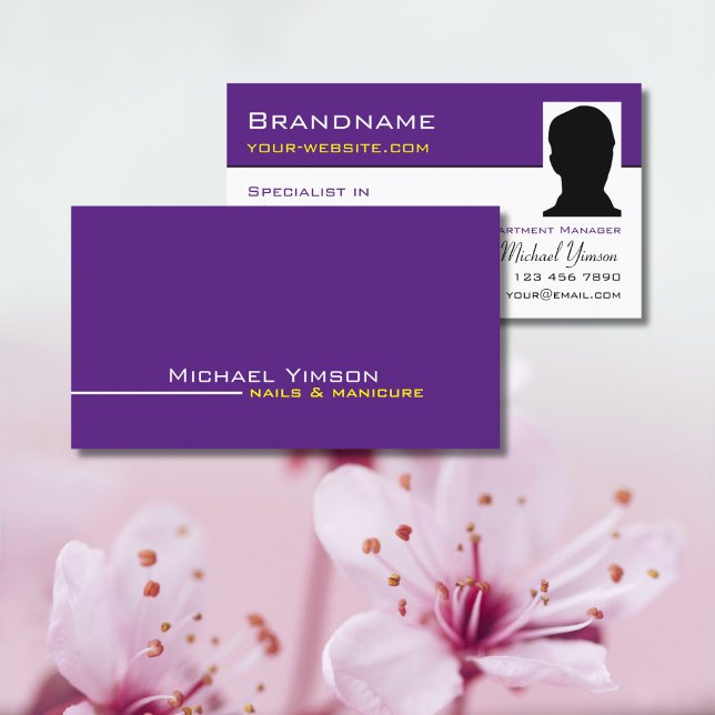 Carte De Visite Chic blanc violet moderne avec professionnel photo (Créateur téléchargé)