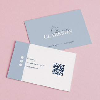 Carte De Visite Chic Bleu Poussiéreux Minimaliste Code Qr