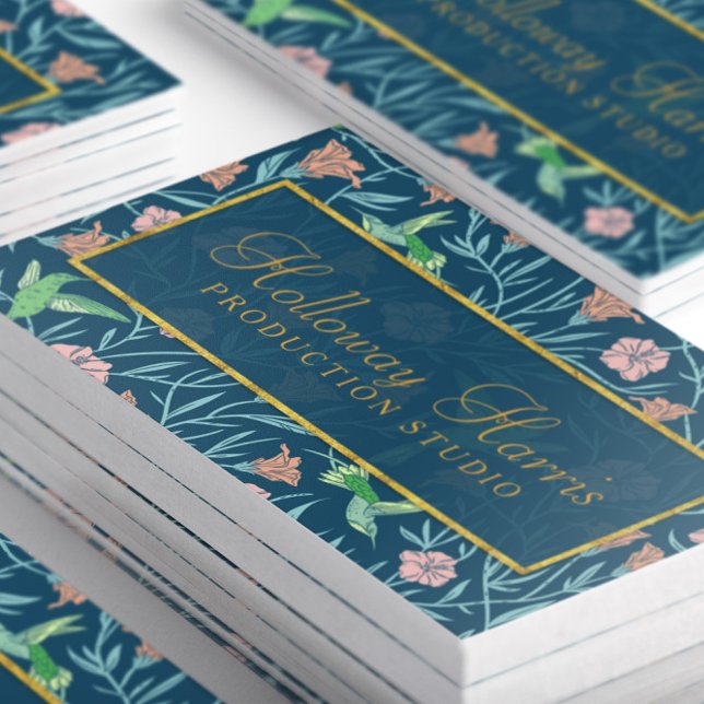 Carte De Visite Chic Blue Hummingbird and Flowers Motif (Close-up stacked Chic Blue Hummingbird and Flowers Pattern Business Cards-Front)