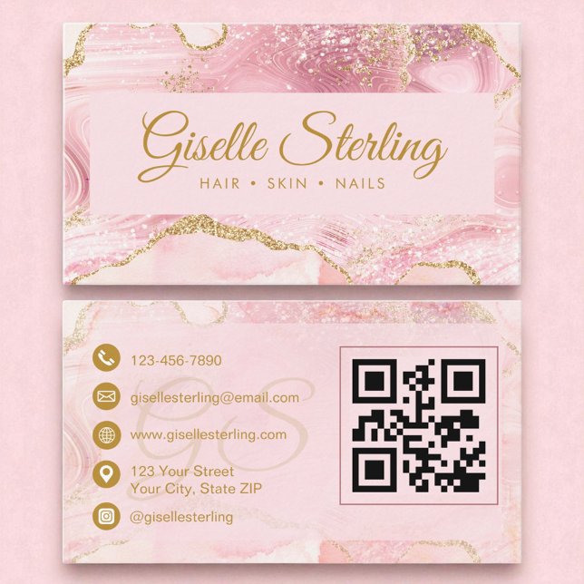 Carte De Visite Chic Blush Rose Or Agate Marbre QR Code (Créateur téléchargé)