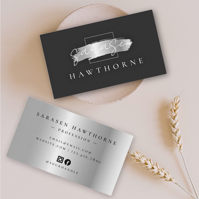 Carte De Visite Chic Brush Stroke Faux Argent Élégant Noir (Créateur téléchargé)