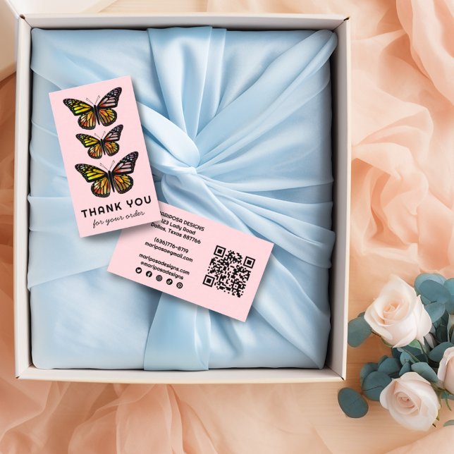 Carte De Visite Chic Butterflies Code QR Merci de commande client (Cute watercolor pink orange butterflies on these custom thank you business cards, social media & QR.)