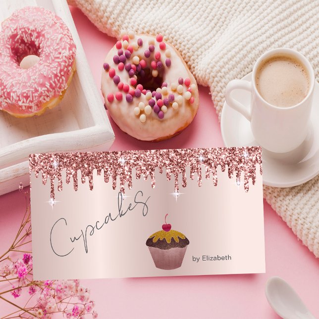 Carte De Visite  Chic Cupcakes Cherry Rose Gold Drips  (Créateur téléchargé)