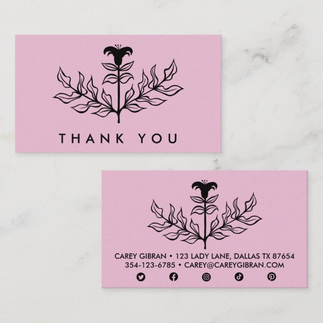Carte De Visite Chic Elegant noir Lily ORDER MERCI Rose doux (Devant / Derrière)