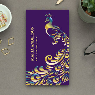 Carte De Visite Chic Élégant Paon Brillant Feuille D'or Violet