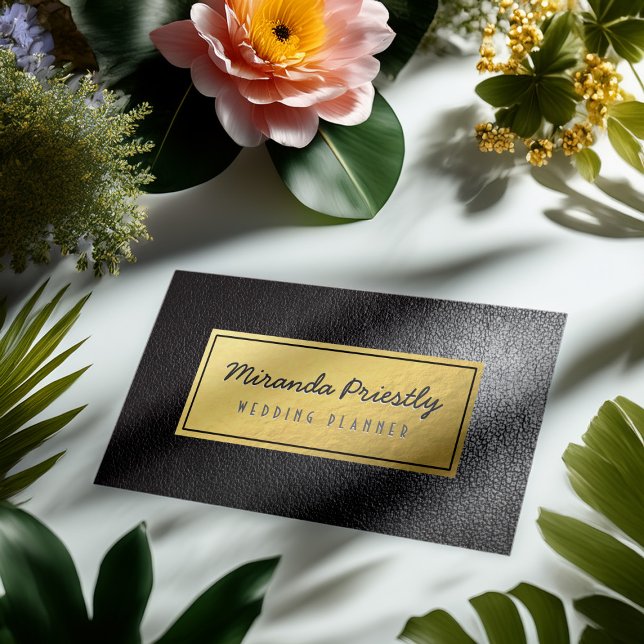 Carte De Visite Chic Faux Gold Foil Cuir noir Texture (Créateur téléchargé)