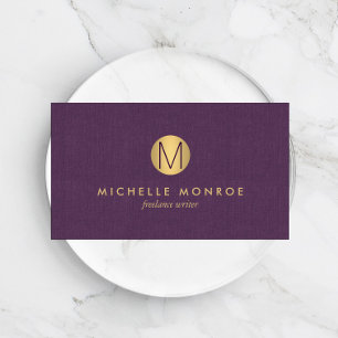 Carte De Visite Chic Faux Gold Minimaliste Monogramme Purple Linen
