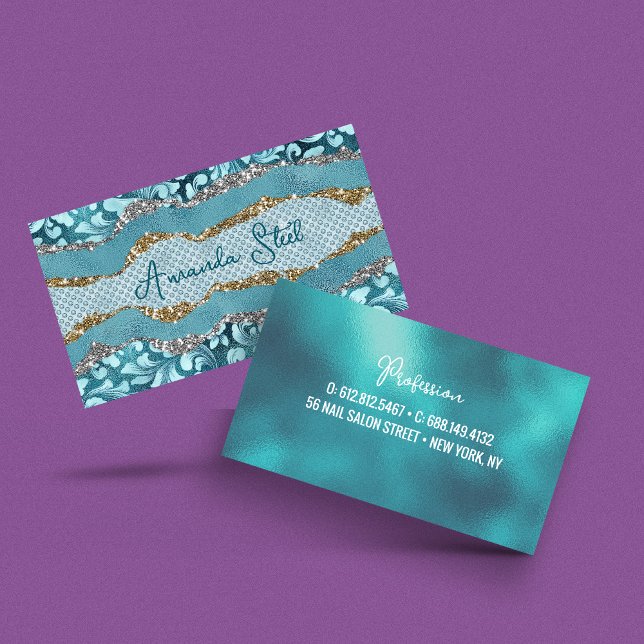 Carte De Visite Chic floral glittery or Turquoise turquoise monogr (Créateur téléchargé)