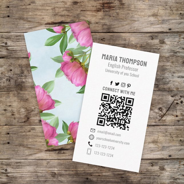 Carte De Visite Chic Floral Peony Professional QR Code Simple (Créateur téléchargé)
