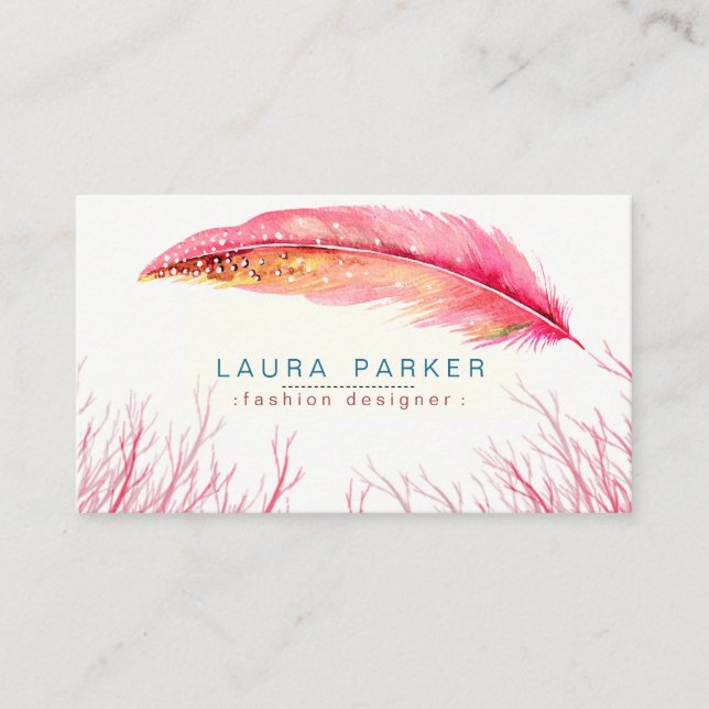 Carte De Visite Chic Girly de Boho d'aquarelle rose de plume (Devant)