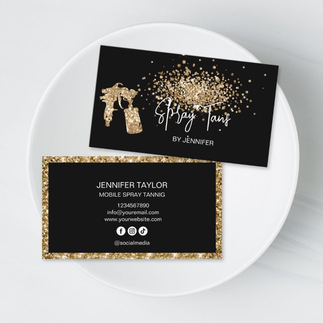 Carte De Visite Chic Glitter Mobile Spray Tans Black Gold Tanning (spray tanning glitter gold business card)
