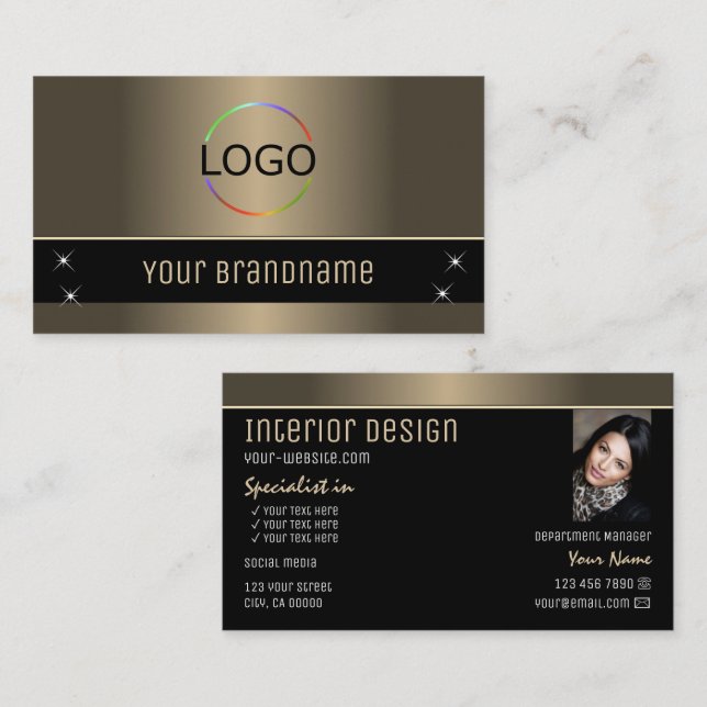 Carte De Visite Chic Gold Brown Black Stylish avec logo et photo (Devant / Derrière)