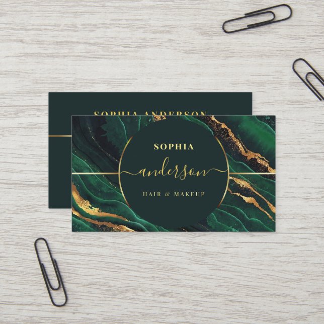 Carte De Visite Chic Gold Logo cercle & Dark Green Agate Parties s (Devant/Arrière en situation)