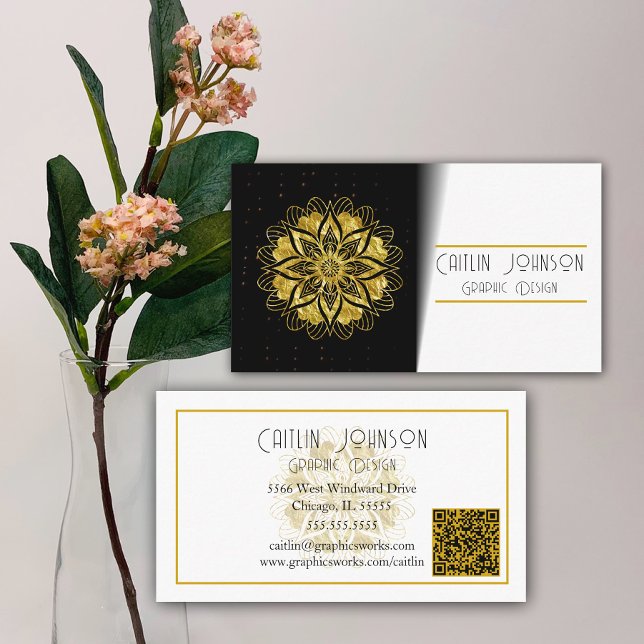Carte De Visite Chic Gold Mandala Graphic Designer/Générique QR Co (Créateur téléchargé)