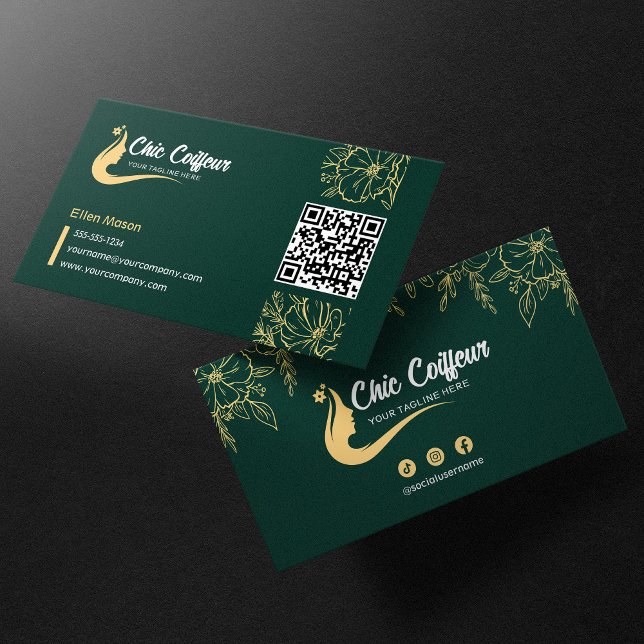 Carte De Visite Chic Green Gold Floral Coiffeur Beauté QR Code (Créateur téléchargé)
