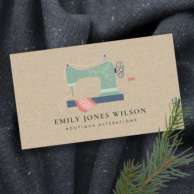 CARTE DE VISITE CHIC KRAFT GREEN ORANGE ROSE SEWING MACHINE TAILOR (Créateur téléchargé)