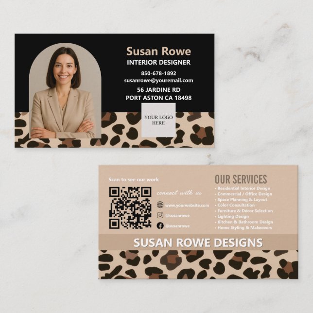 Carte De Visite Chic Leopard Black and Beige QR Code Arch Photo (Devant / Derrière)