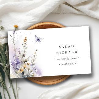 Carte De Visite Chic Lilac Purple Fleur sauvage Papillon Aquarelle