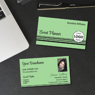Carte De Visite Chic Mint Green Black Stripes avec logo et photo