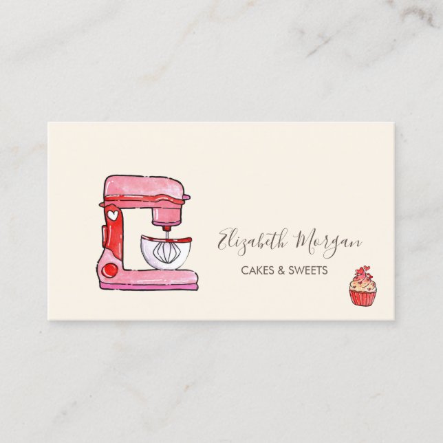 Carte De Visite Chic Mixer Fleurs Boulangerie Cupcake Coeurs (Devant)