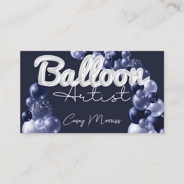 Carte De Visite Chic moderne Balloon Artiste Marine bleu Argent (Devant)