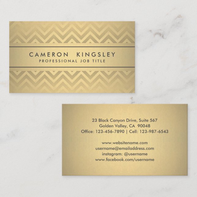 Carte De Visite Chic moderne Chevron Black et Faux Gold Foil (Devant / Derrière)