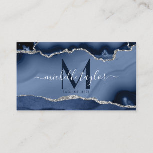 Carte De Visite Chic moderne Marine bleu Monogramme Agate QR CODE 