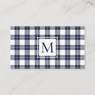 Carte De Visite Chic Monogram Marine bleu et blanc Plaid Motif